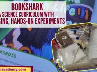 background with a BookShark science curriculum book and a zoom in on a science kit filled with materials for projects