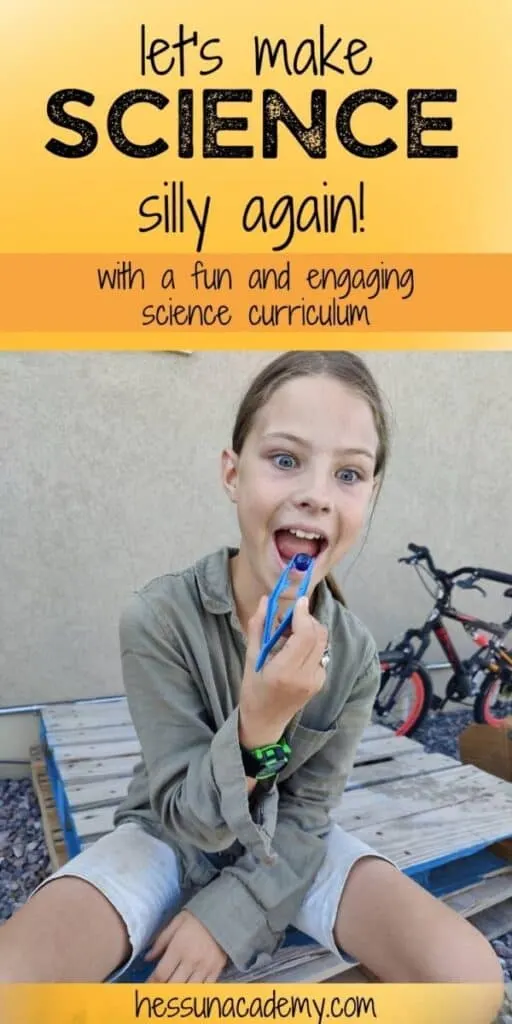 BookShark | A Science Curriculum with Engaging, Hands-on Experiments 9 silly homeschooled girl pretending to eat a marble with tweezers as part of her BookShark science project