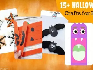 collection of fun Halloween crafts for kids including a monster hand puppet, yarn spider webs, paper plate bats, and popsicle stick pumpkin faces