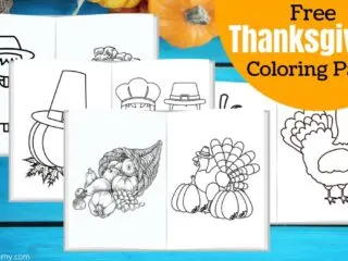 layout of some free Thanksgiving coloring pages including scarecrow, pumpkin, turkey, cornucopia, and more.