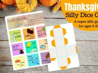 preview of the free printable Thanksgiving game called Thanksgiving Silly Dice