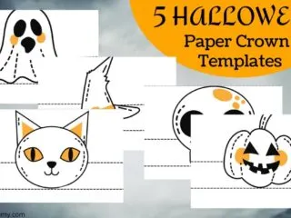 A preview of 5 free Halloween paper crown templates including a cat, a witch's hat, a skeleton, a ghost, and a jack-o-lantern