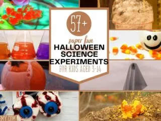 a preview of 57+ Halloween science experiments for kids including exploding pumpkins, floating ghosts, melting candy corn, and more