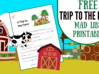 preview of the free Trip to the Farm Mad Libs printable page with a cow and barn clipart decor