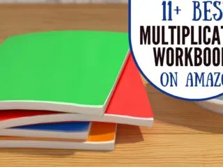 pile of colorful multiplication workbooks on Amazon
