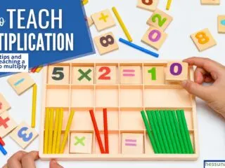 table filled with math manipulatives representing how to teach multiplication