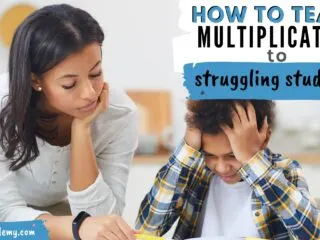 frustrated boy and his mother wondering how to teach multiplication to struggling students