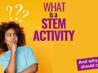 girl in blue shirt on a yellow background asking herself what is a STEM activity