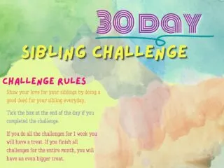 watercolor background with a Sibling 30-day Kindness Challenge title