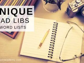 notebook and pencils on a table next to a unique Mad Libs word lists sign