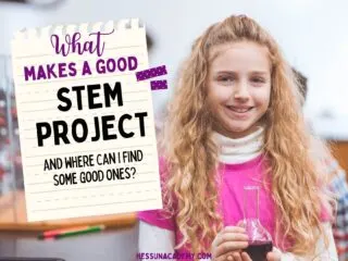 little girl in pink with a science beaker and the caption what is a good STEM project