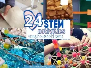 preview of some fun STEM activities with household items such as toothpick bridges, tinfoil rivers, and more