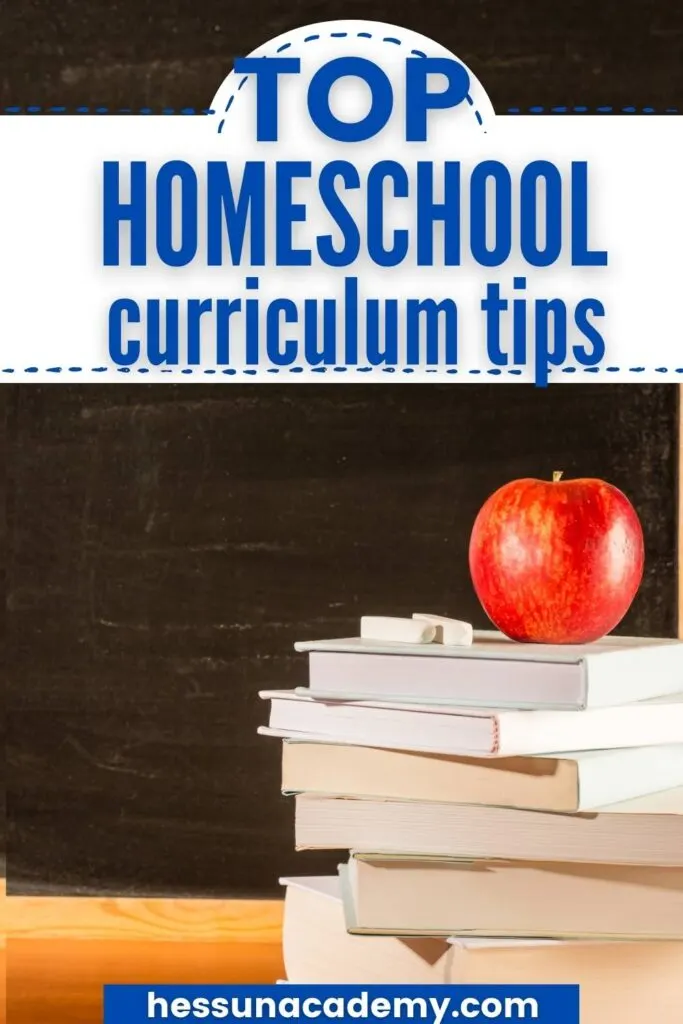 Homeschool Curriculum Tips, Resources, and Storage Ideas 5 black background pile of homeschool curriculum and an apple with the caption top homeschool curriculum tips
