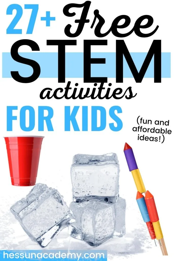 Free STEM Activities | 29+ Fun, Free STEM Ideas For Kids 2 collage of plastic cups, ice cubes, and a straw rocket used in some free STEM activities for kids
