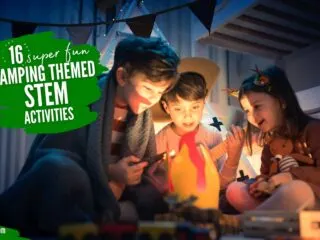 kids in a living room tent with a fire pit enjoying camping themed STEM activities
