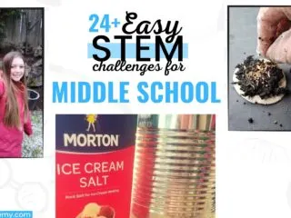 collage of easy STEM challenges for middle school including seed bombs and tin can ice cream