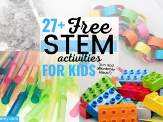 collage of LEGOs, straws, dryer lint, and paper chains used in some free STEM activities for kids