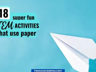 white paper airplane on a turquoise background with the caption 18 super fun STEM activities that use paper