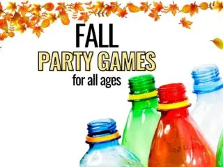 empty water bottles being used as bowling pins and a border of orange fall leaves with the caption fall party games for all ages