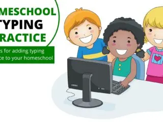 cartoon kids gathering around a computer for homeschool typing practice