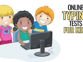 group of cartoon kids smiling and enjoying an online typing test for kids
