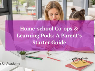 Illustration showing parents and children engaging in home-school co-ops and learning pods