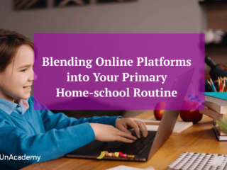 Child using a laptop at home with educational materials and books, representing the concept of blending online learning with homeschooling.