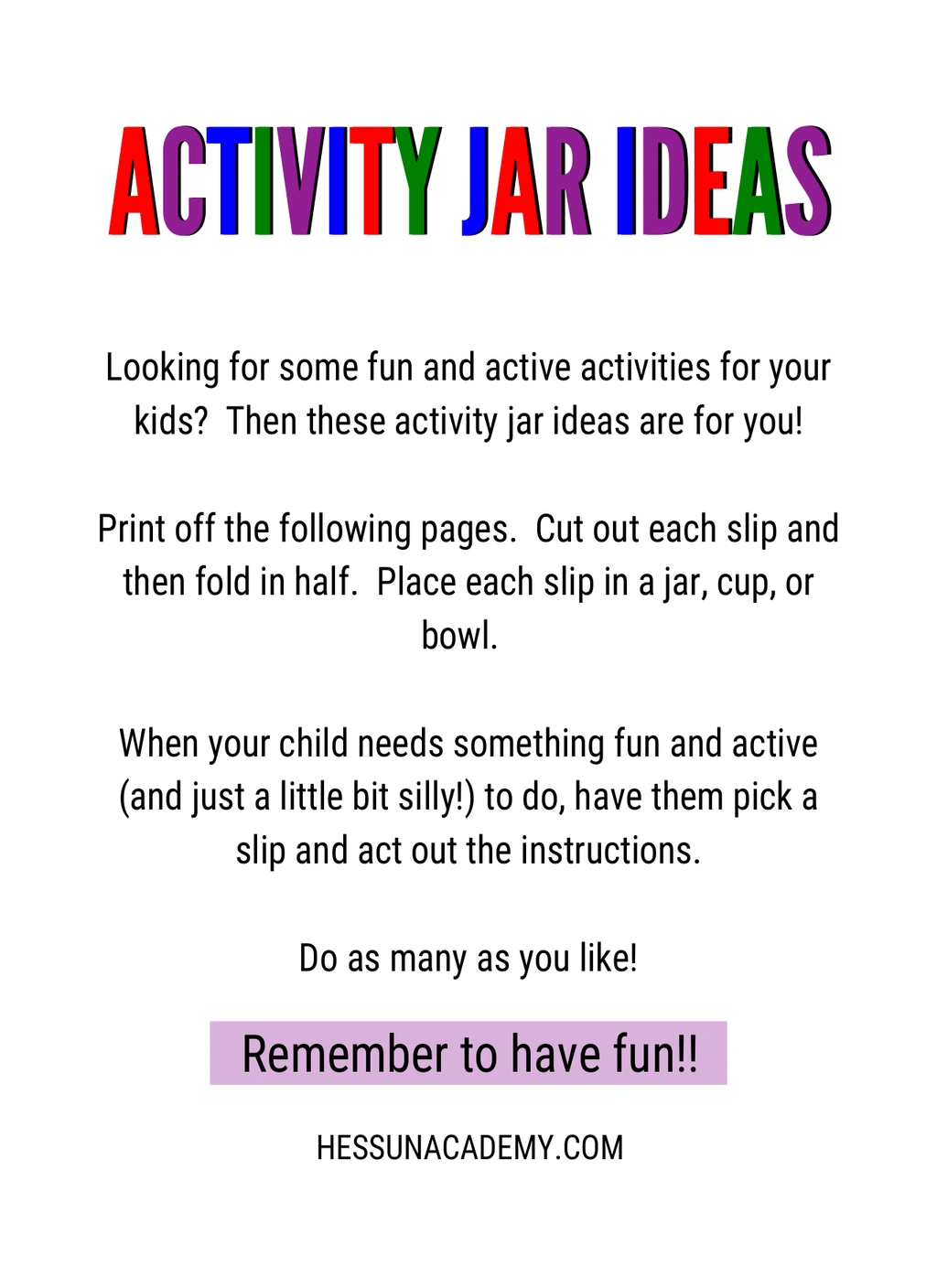 Activity Jar Ideas