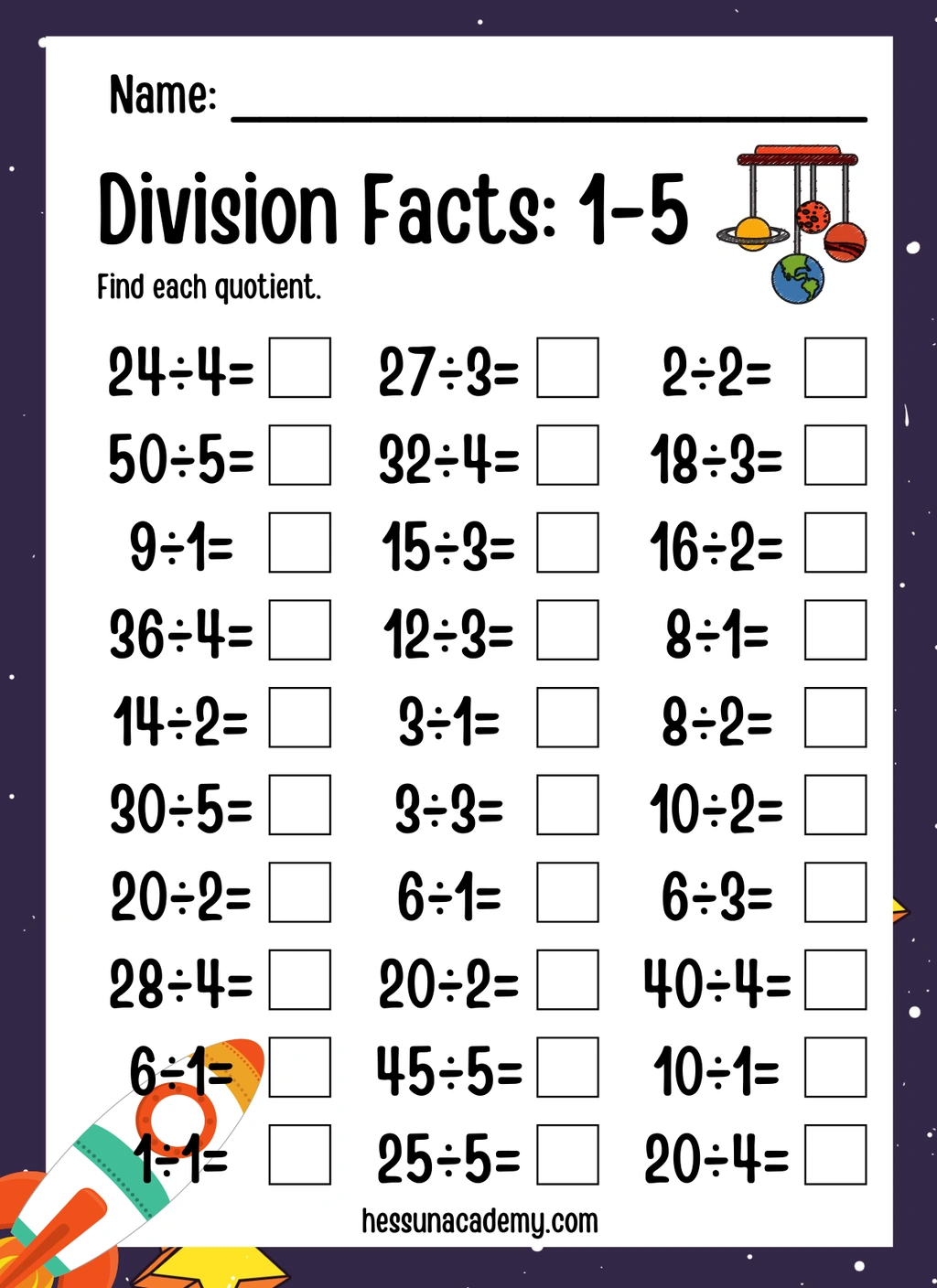 Division Worksheets Solar System Theme
