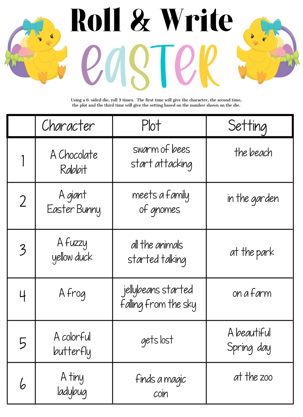 Easter Roll and Write Game