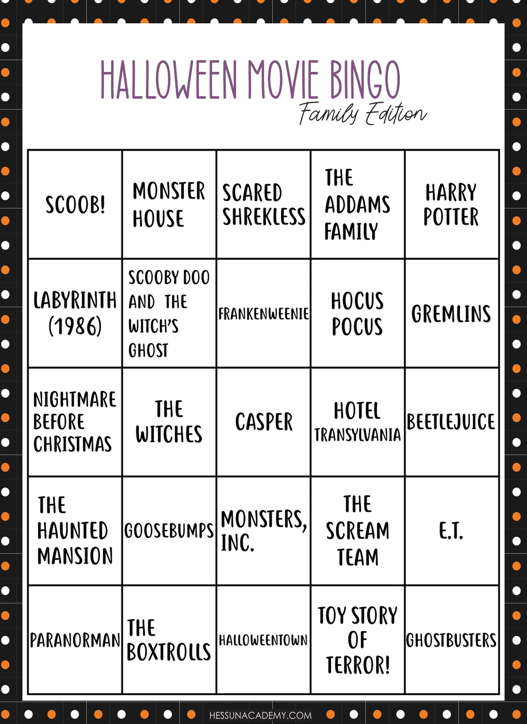 Halloween Movie Bingo