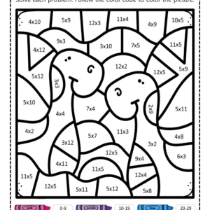 Dinosaur Multiplication Color by Number Worksheet 2-5