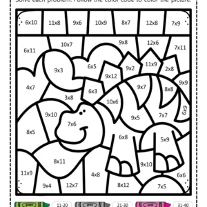 Dinosaur Multiplication Color by Number Worksheet 6-9