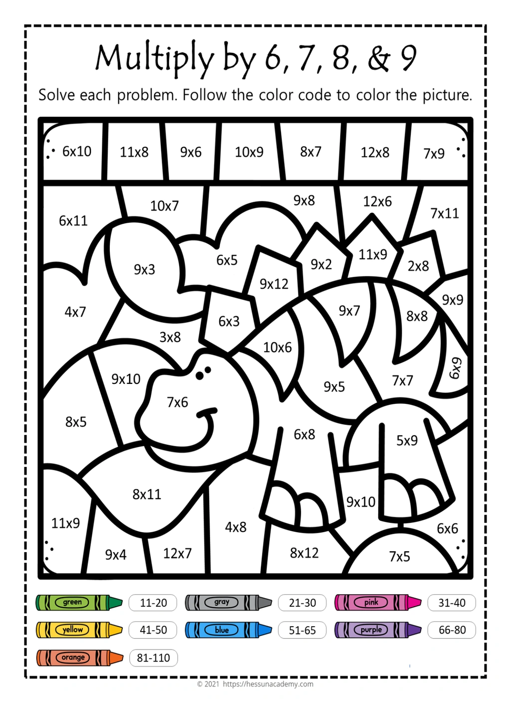 Dinosaur Multiplication Color by Number Worksheet 6-9 1 Dinosaur Multiplication Color by Number Worksheet 6-9