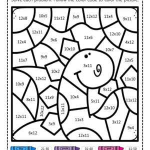 Dinosaur Multiplication Color by Number Worksheet 9-12