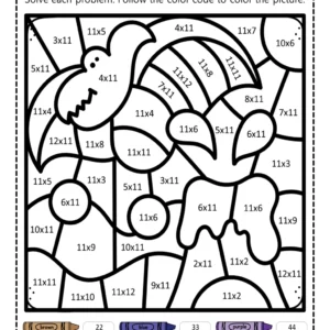 Dinosaur Multiplication Color by Number Worksheet 11