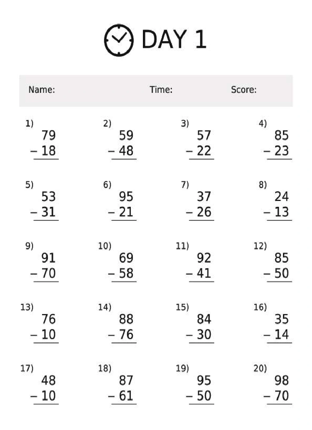 Subtraction Worksheets 100 pages