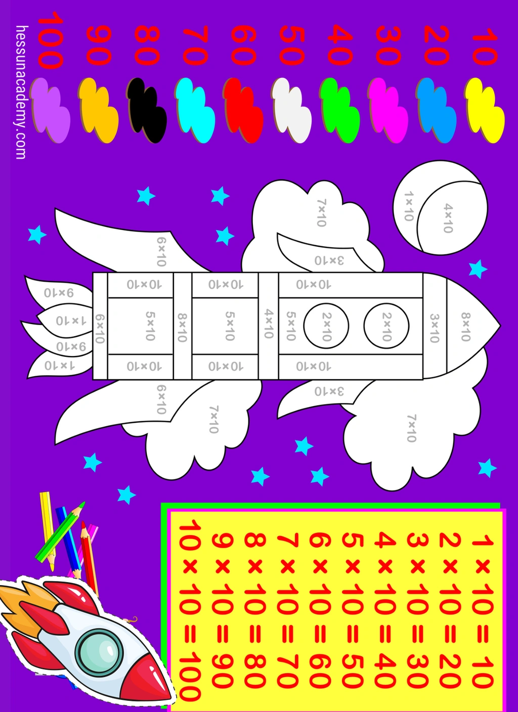 Rocket Multiplication Color by Number Worksheet