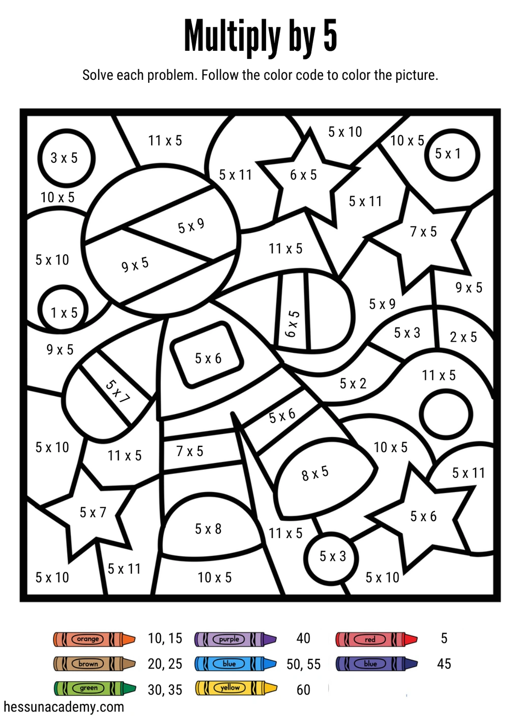 Space Multiplication Color by Number Worksheets