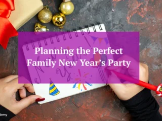 Family New Year’s celebration at home with parents and children enjoying a cozy New Year’s Eve together