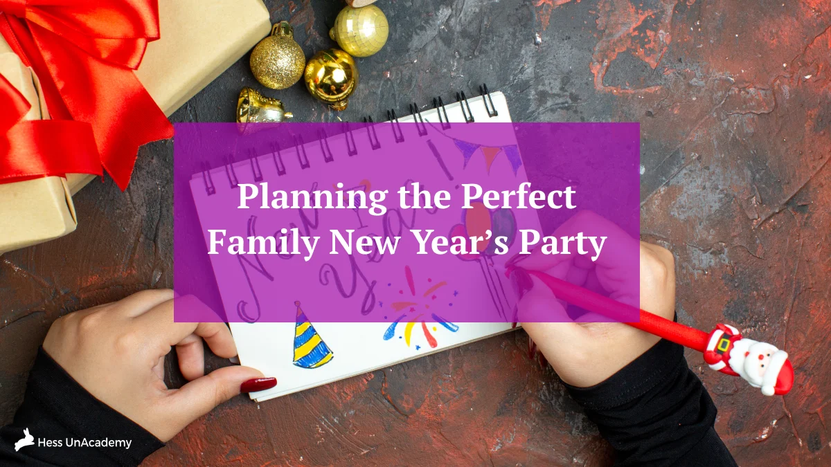 Homeschool Help with Hess UnAcademy 8 Family New Year’s celebration at home with parents and children enjoying a cozy New Year’s Eve together