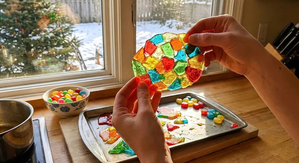 10 Must-Try Hygge-Inspired STEAM Projects for a Cozy December Homeschool 3 Hands holding translucent edible stained glass candy as part of a winter chemistry experiment.