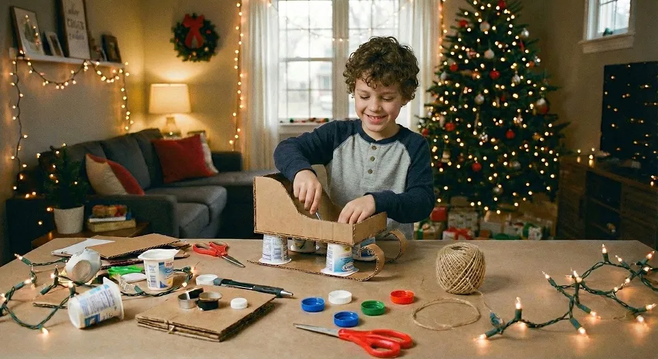 10 Must-Try Hygge-Inspired STEAM Projects for a Cozy December Homeschool 2 Child building a small sleigh from recycled materials during a festive winter STEM challenge.