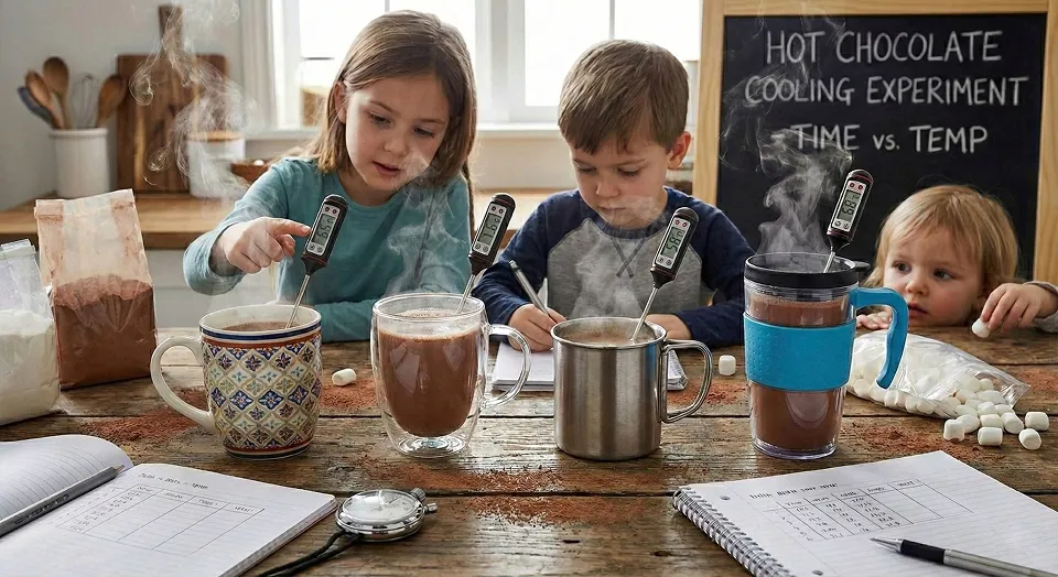 10 Must-Try Hygge-Inspired STEAM Projects for a Cozy December Homeschool 4 Different mugs of hot chocolate with thermometers measuring heat transfer in a winter science activity.