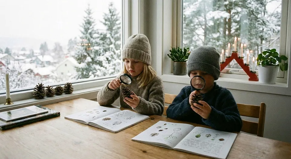 10 Must-Try Hygge-Inspired STEAM Projects for a Cozy December Homeschool 1 Children examining pine cones by a window during a cosy winter homeschool science activity.