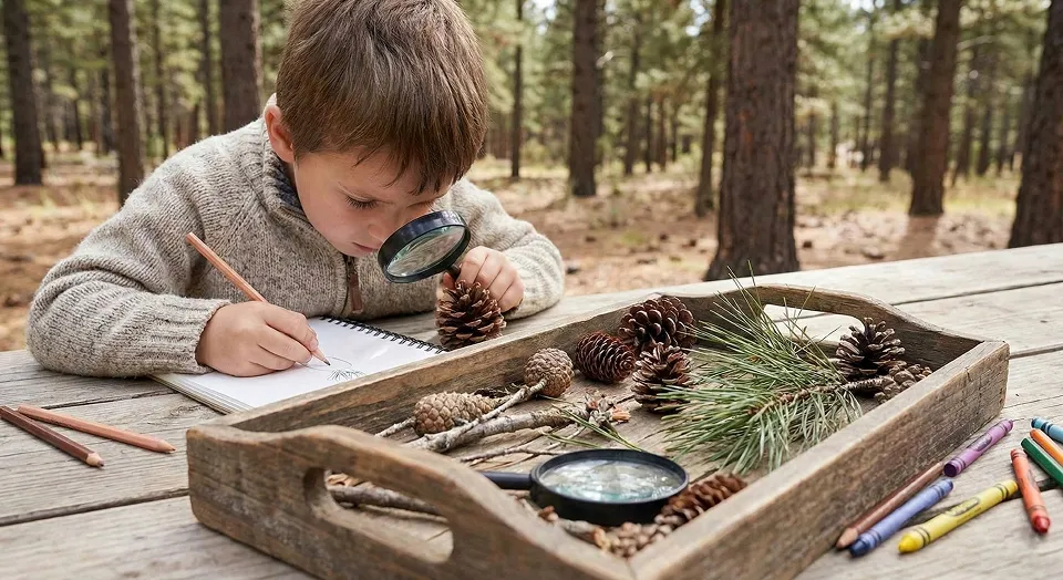 10 Must-Try Hygge-Inspired STEAM Projects for a Cozy December Homeschool 9 Tray with pine cones, needles and a magnifying glass as a child sketches their winter nature observations.