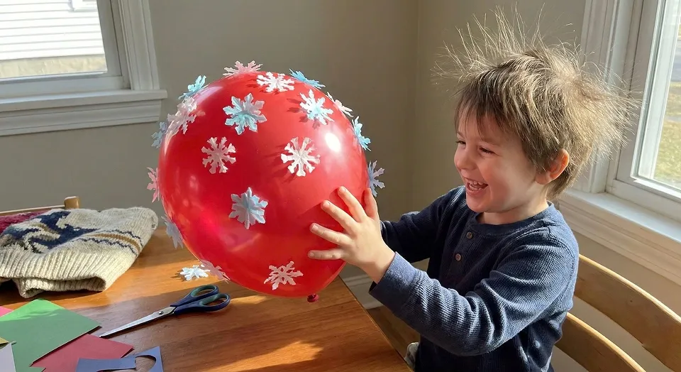 10 Must-Try Hygge-Inspired STEAM Projects for a Cozy December Homeschool 7 Child using a balloon to lift tiny tissue paper snowflakes during a static electricity experiment.